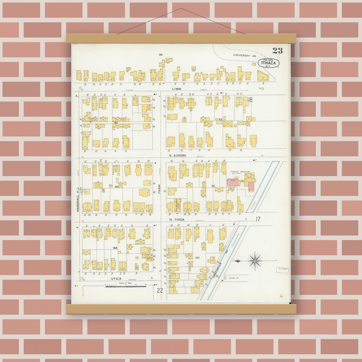 Old map wall art mockup — magnetic wood frame on brick wall — Sanborn Fire Insurance Map from Ithaca, Tompkins County, New York (1904), Sheet #0023
