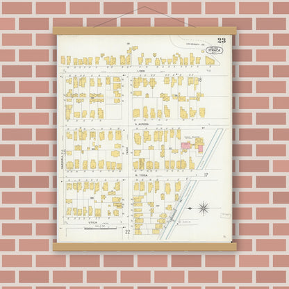 Old map wall art mockup — magnetic wood frame on brick wall — Sanborn Fire Insurance Map from Ithaca, Tompkins County, New York (1904), Sheet #0023