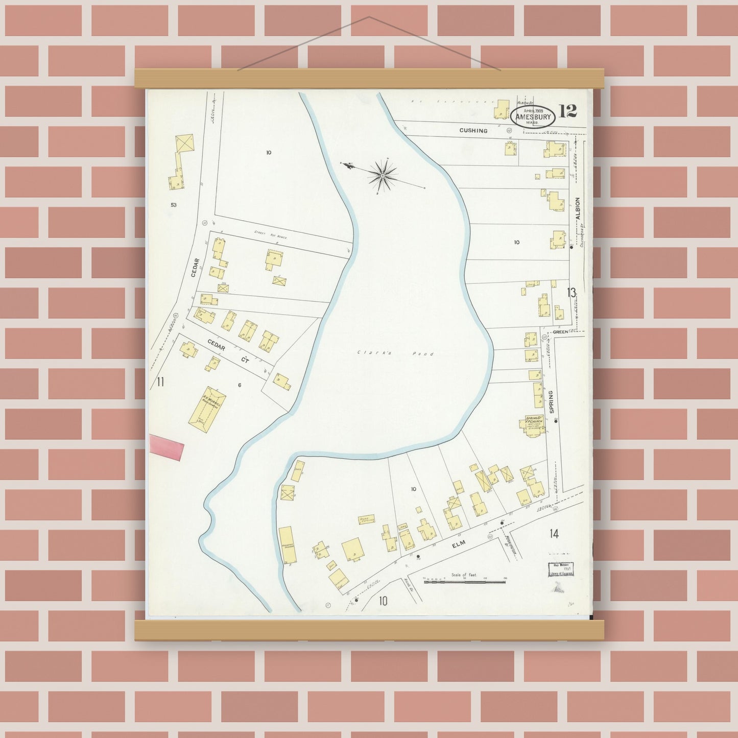Old map wall art mockup — magnetic wood frame on brick wall — Sanborn Fire Insurance Map from Amesbury, Essex County, Massachusetts (1909), Sheet #0012