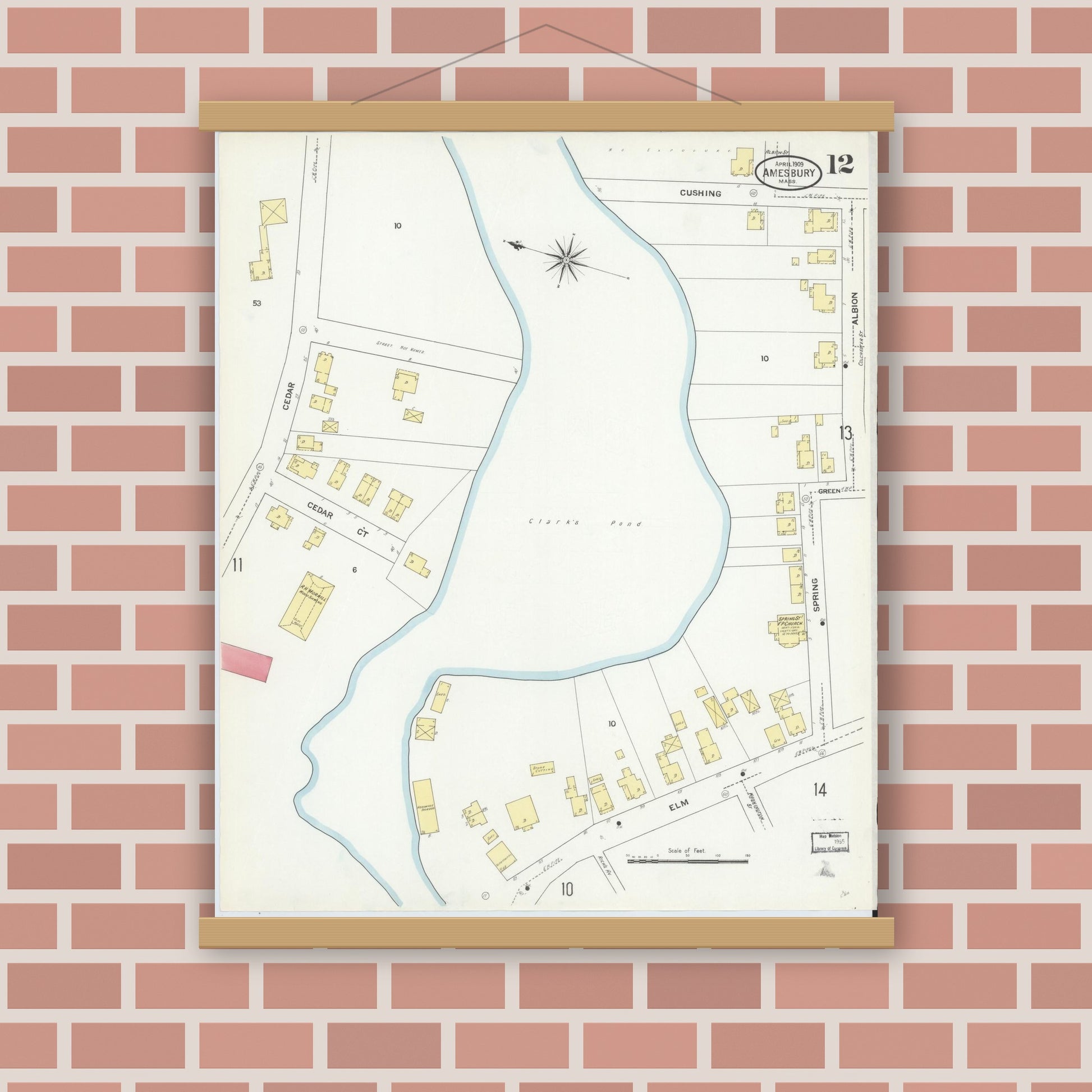 Old map wall art mockup — magnetic wood frame on brick wall — Sanborn Fire Insurance Map from Amesbury, Essex County, Massachusetts (1909), Sheet #0012
