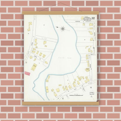 Old map wall art mockup — magnetic wood frame on brick wall — Sanborn Fire Insurance Map from Amesbury, Essex County, Massachusetts (1909), Sheet #0012