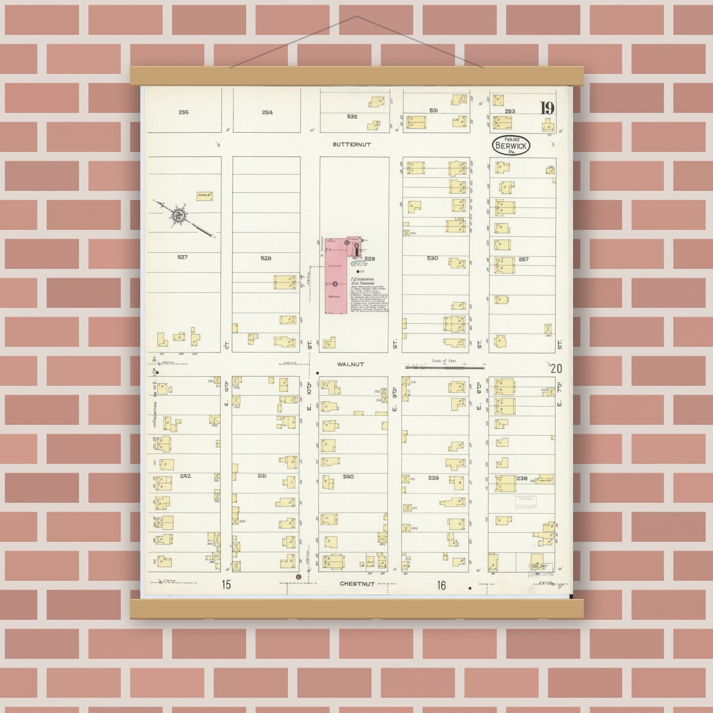 Old map wall art mockup — magnetic wood frame on brick wall — Sanborn Fire Insurance Map from Berwick, Columbia County, Pennsylvania (1913), Sheet #0019