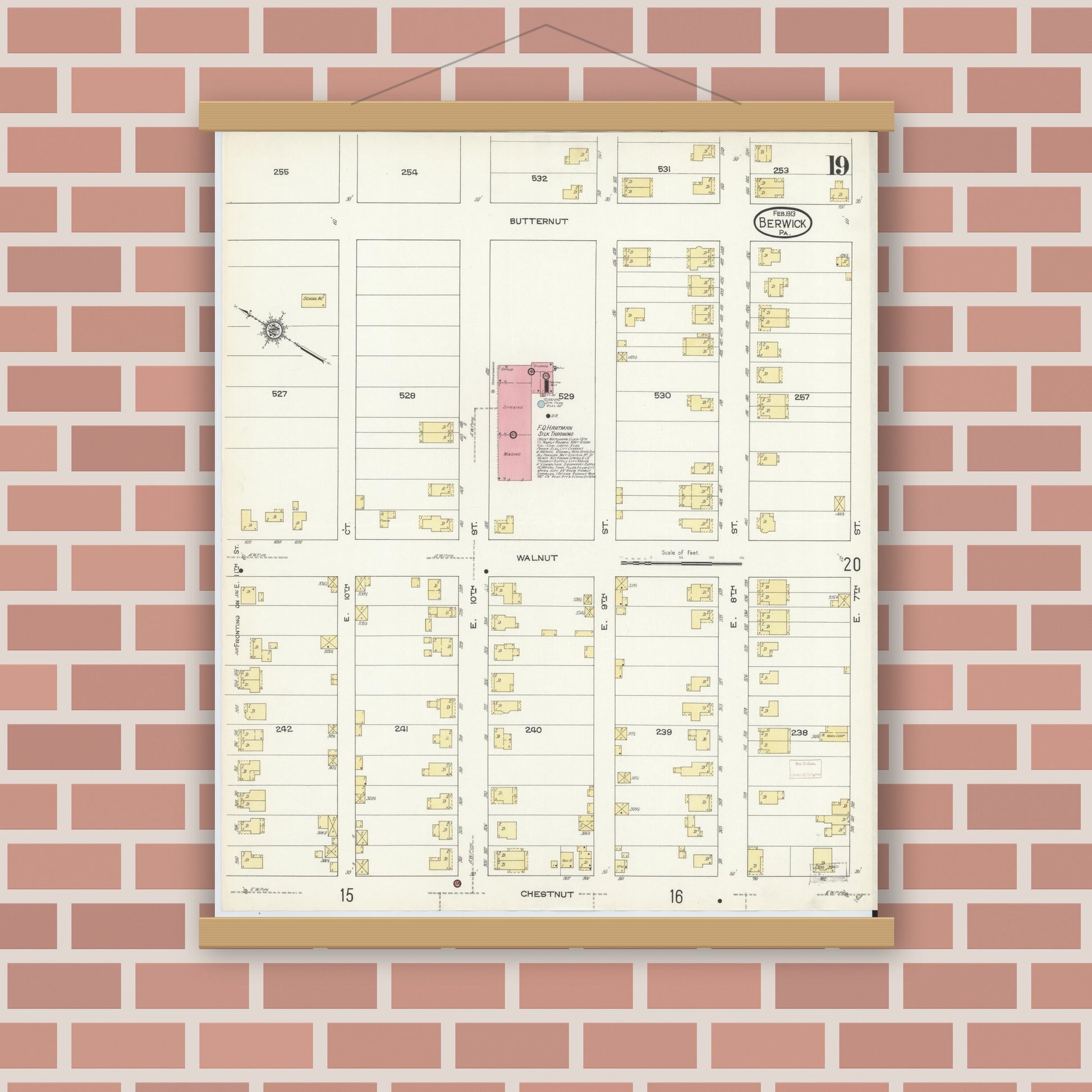 Old map wall art mockup — magnetic wood frame on brick wall — Sanborn Fire Insurance Map from Berwick, Columbia County, Pennsylvania (1913), Sheet #0019