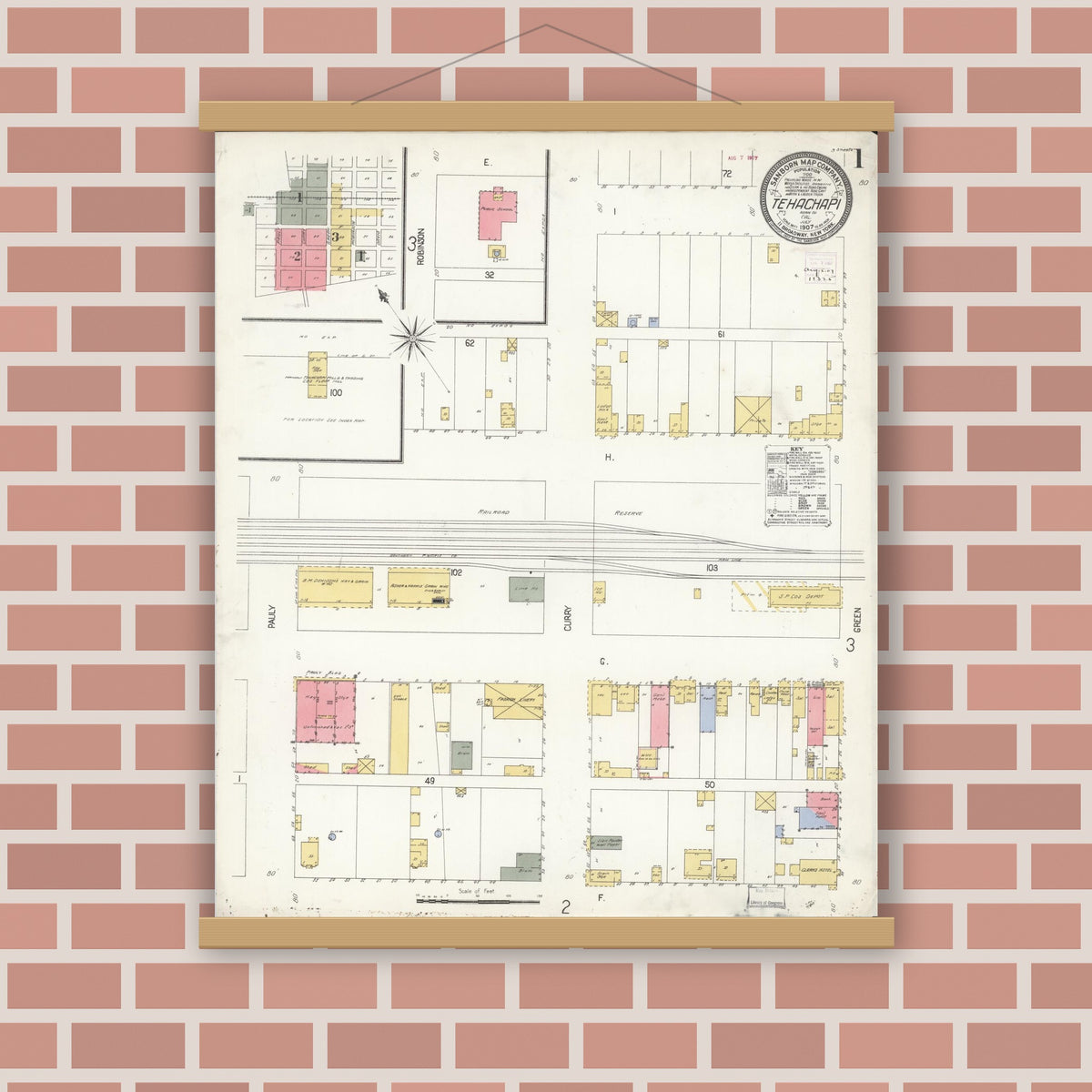 Old map wall art mockup — magnetic wood frame on brick wall — Sanborn Fire Insurance Map from Tehachapi, Kern County, California (1907) - Complete Map Set