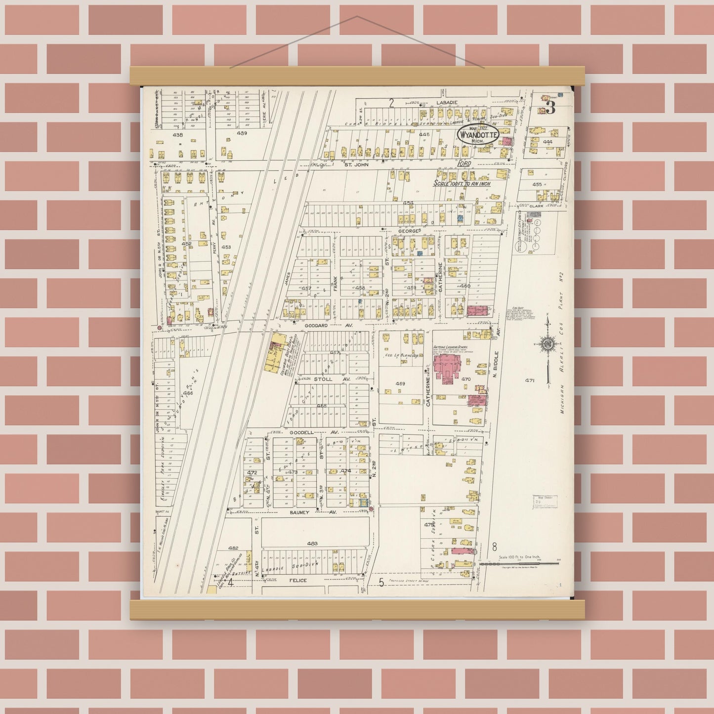 Old map wall art mockup — magnetic wood frame on brick wall — Sanborn Fire Insurance Map from Wyandotte, Wayne County, Michigan (1922), Sheet #0003