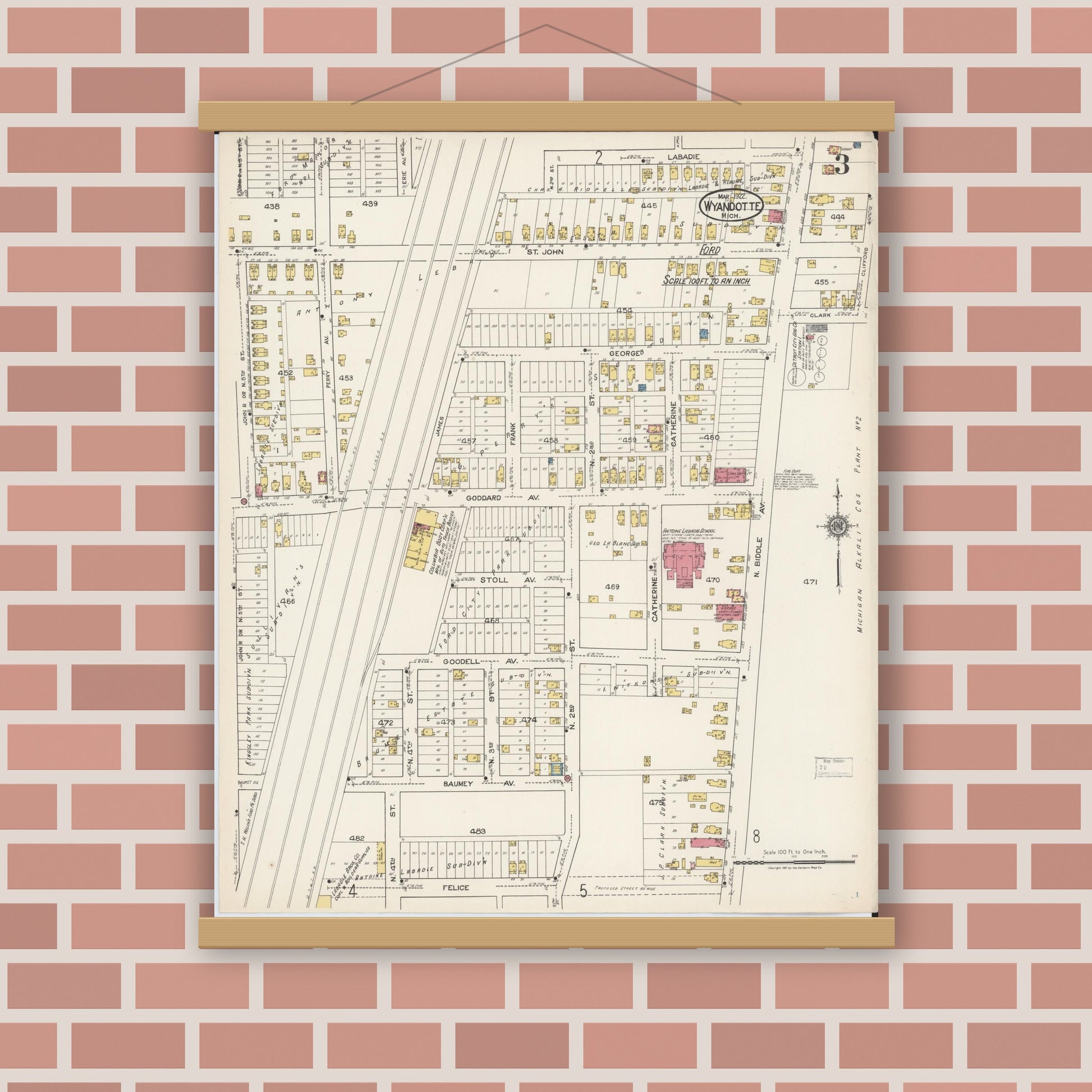 Old map wall art mockup — magnetic wood frame on brick wall — Sanborn Fire Insurance Map from Wyandotte, Wayne County, Michigan (1922), Sheet #0003