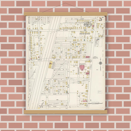 Old map wall art mockup — magnetic wood frame on brick wall — Sanborn Fire Insurance Map from Wyandotte, Wayne County, Michigan (1922), Sheet #0003