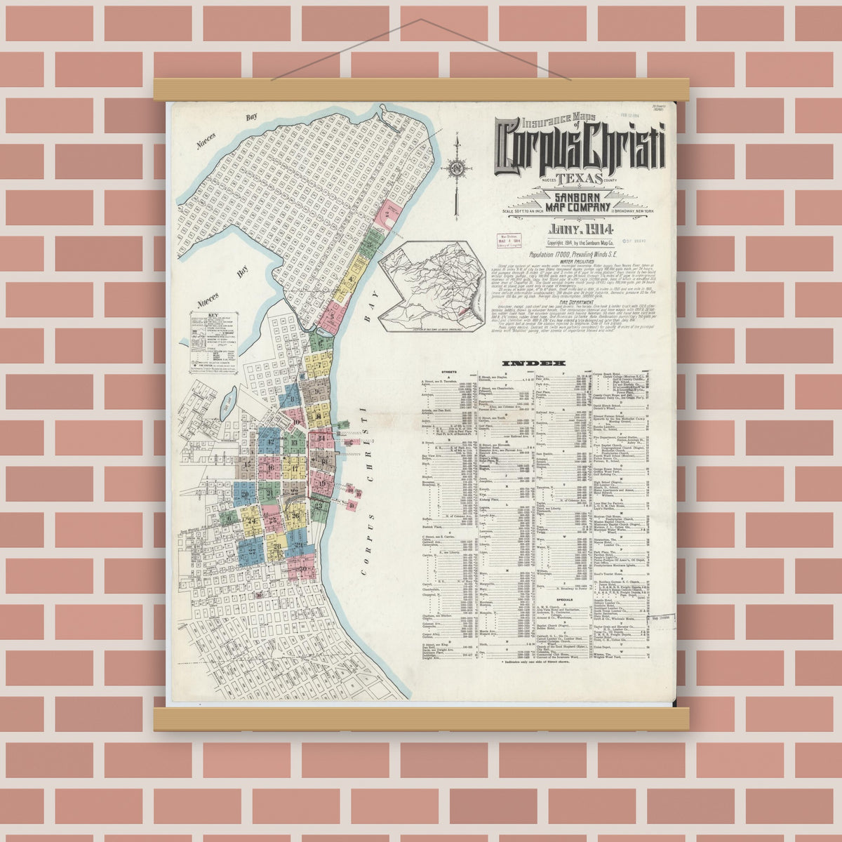 Old map wall art mockup — magnetic wood frame on brick wall — Sanborn Fire Insurance Map from Corpus Christi, Nueces County, Texas (1914), Sheet #0001