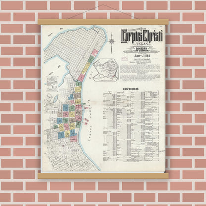 Old map wall art mockup — magnetic wood frame on brick wall — Sanborn Fire Insurance Map from Corpus Christi, Nueces County, Texas (1914), Sheet #0001