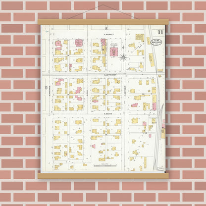 Old map wall art mockup — magnetic wood frame on brick wall — Sanborn Fire Insurance Map from Warsaw, Kosciusko County, Indiana (1905), Sheet #0011