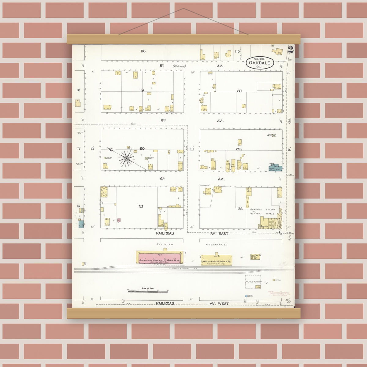 Old map wall art mockup — magnetic wood frame on brick wall — Sanborn Fire Insurance Map from Oakdale, Stanislaus County, California (1895), Sheet #0002