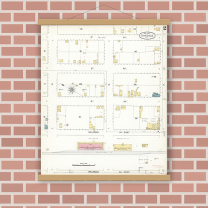 Old map wall art mockup — magnetic wood frame on brick wall — Sanborn Fire Insurance Map from Oakdale, Stanislaus County, California (1895), Sheet #0002