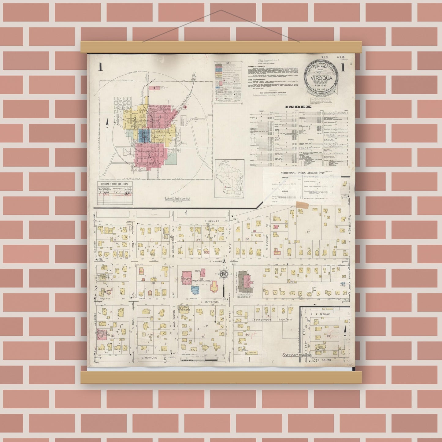 Old map wall art mockup — magnetic wood frame on brick wall — Sanborn Fire Insurance Map from Viroqua, Vernon County, Wisconsin (1949) - Complete Map Set