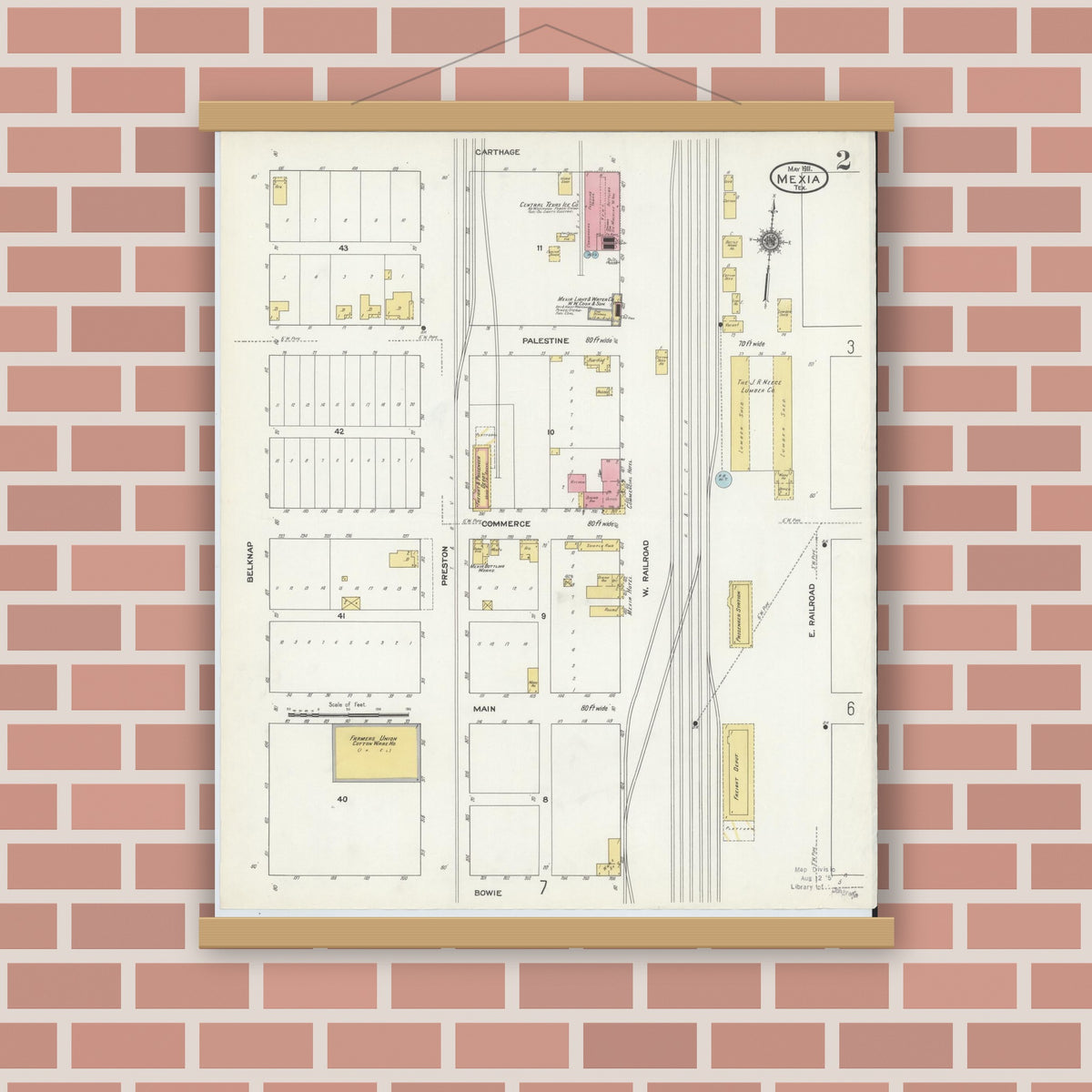 Old map wall art mockup — magnetic wood frame on brick wall — Sanborn Fire Insurance Map from Mexia, Limestone County, Texas (1911), Sheet #0002
