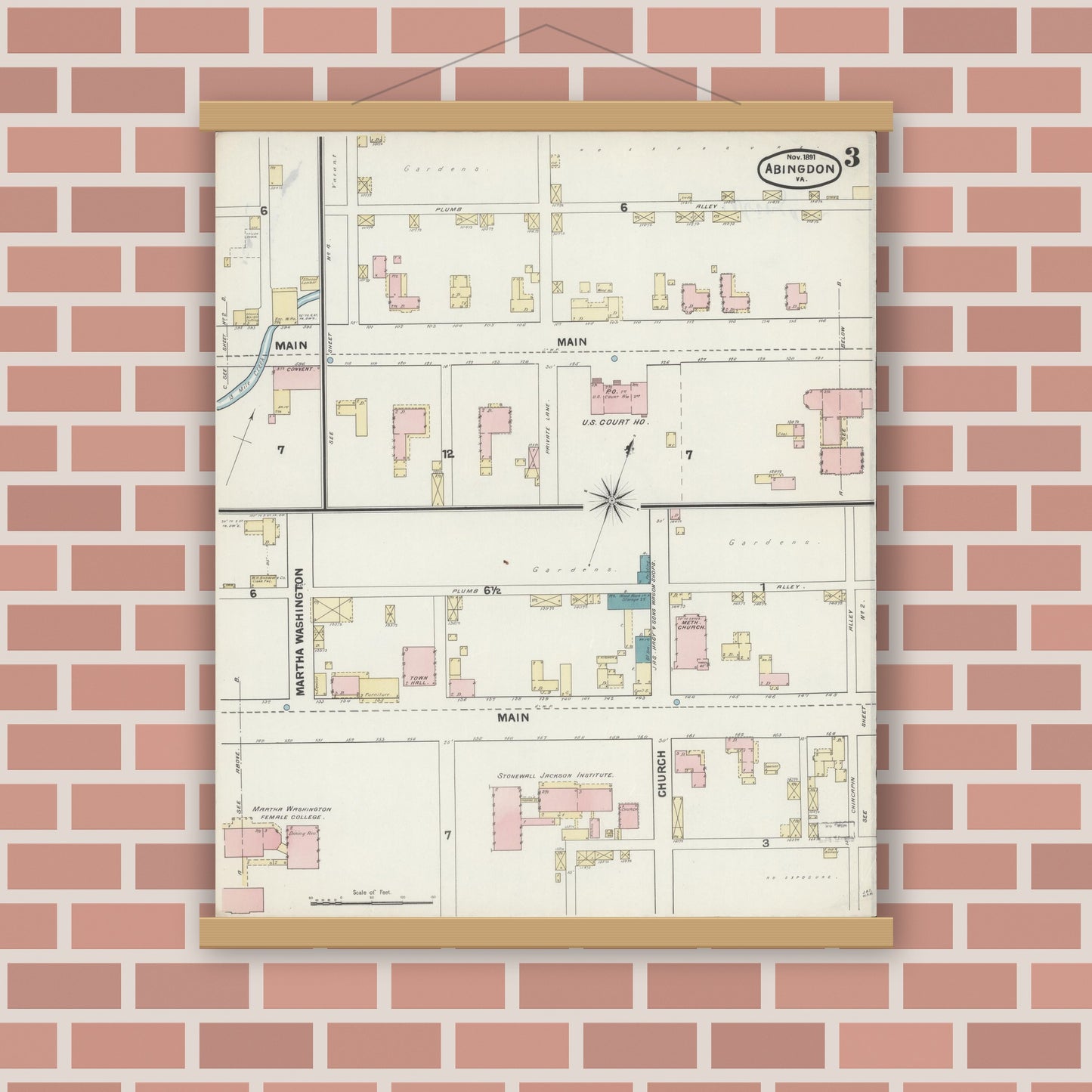 Old map wall art mockup — magnetic wood frame on brick wall — Sanborn Fire Insurance Map from Abingdon, Washington County, Virginia (1891), Sheet #0003