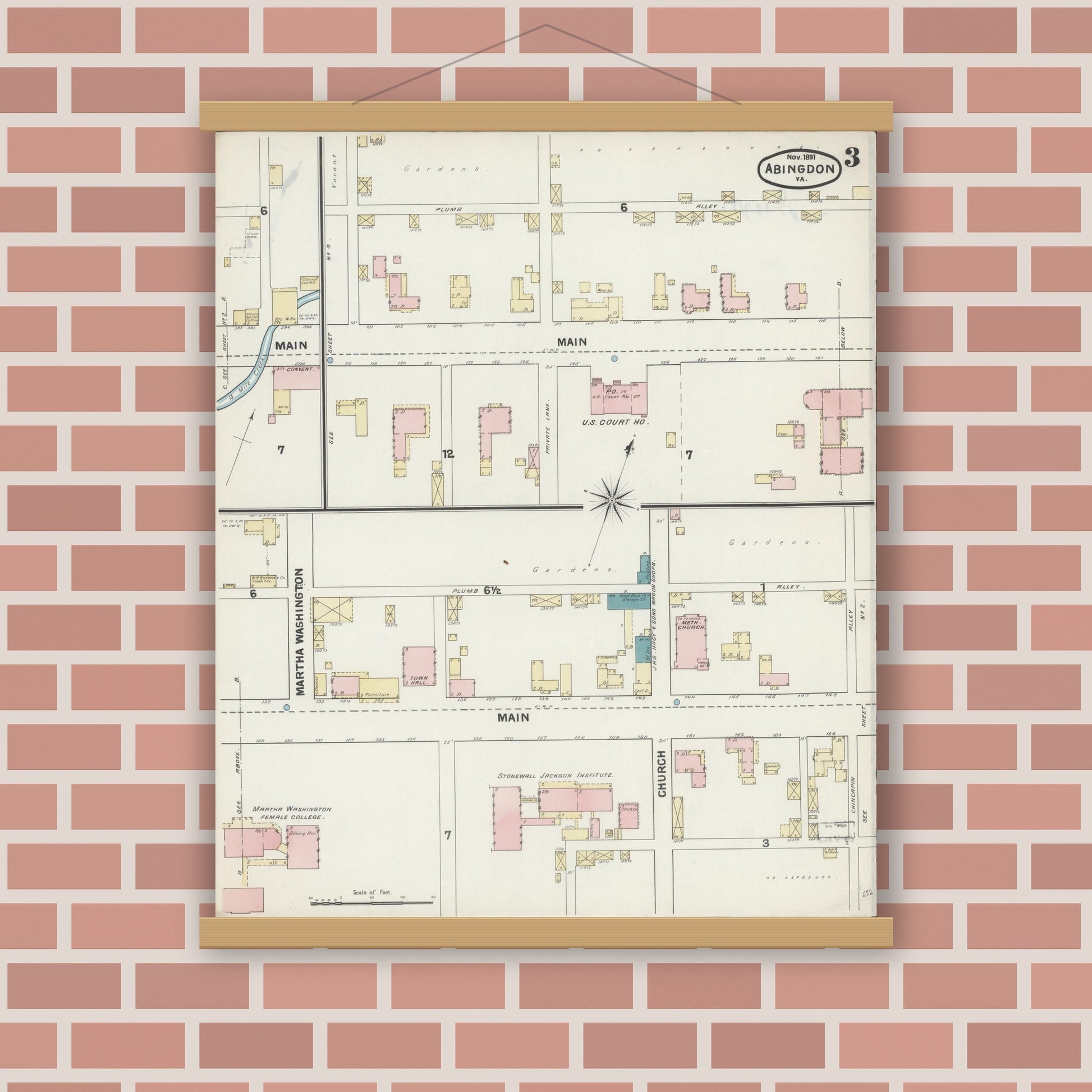 Old map wall art mockup — magnetic wood frame on brick wall — Sanborn Fire Insurance Map from Abingdon, Washington County, Virginia (1891), Sheet #0003