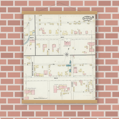 Old map wall art mockup — magnetic wood frame on brick wall — Sanborn Fire Insurance Map from Abingdon, Washington County, Virginia (1891), Sheet #0003