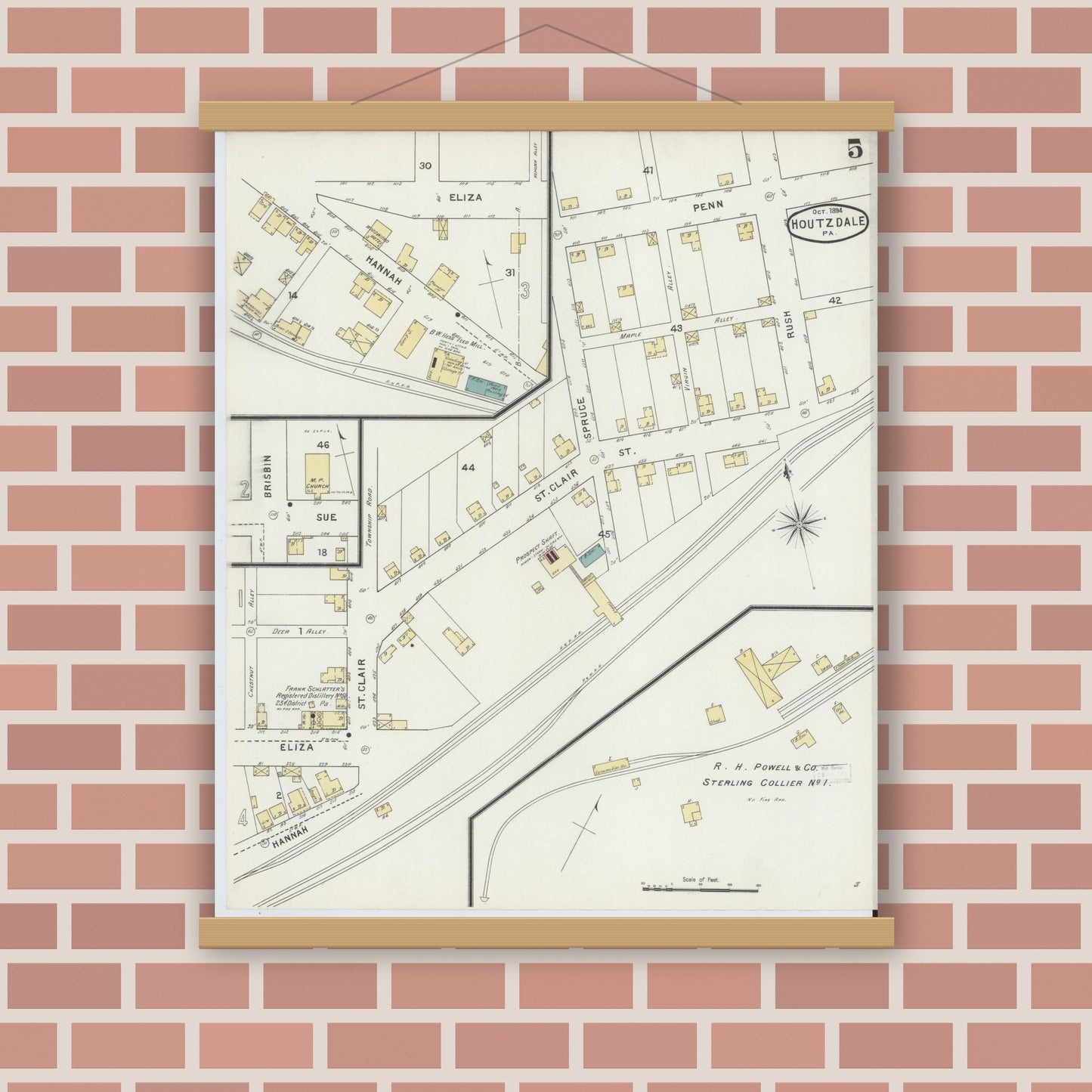 Old map wall art mockup — magnetic wood frame on brick wall — Sanborn Fire Insurance Map from Houtzdale, Clearfield County, Pennsylvania (1894), Sheet #0005