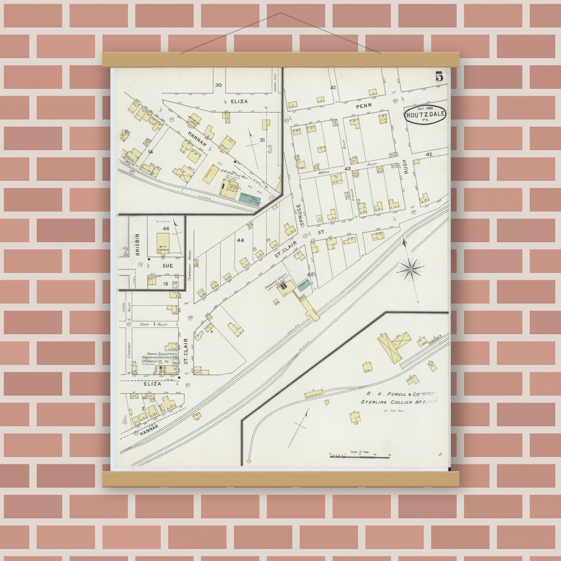 Old map wall art mockup — magnetic wood frame on brick wall — Sanborn Fire Insurance Map from Houtzdale, Clearfield County, Pennsylvania (1894), Sheet #0005