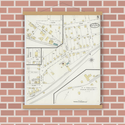 Old map wall art mockup — magnetic wood frame on brick wall — Sanborn Fire Insurance Map from Houtzdale, Clearfield County, Pennsylvania (1894), Sheet #0005