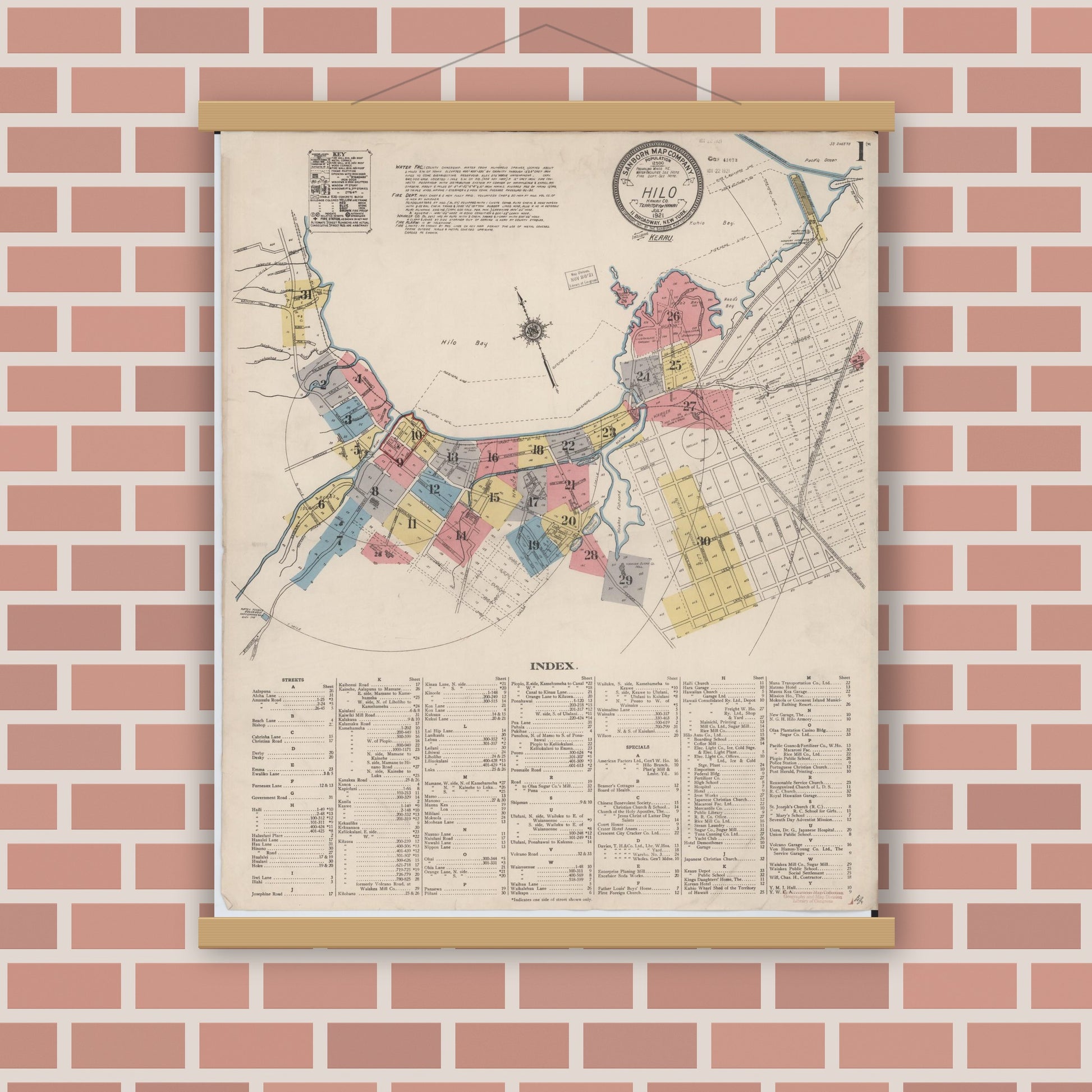 Old map wall art mockup — magnetic wood frame on brick wall — Sanborn Fire Insurance Map from Hilo, Hawaii County, Hawaii (1921) — Complete Set