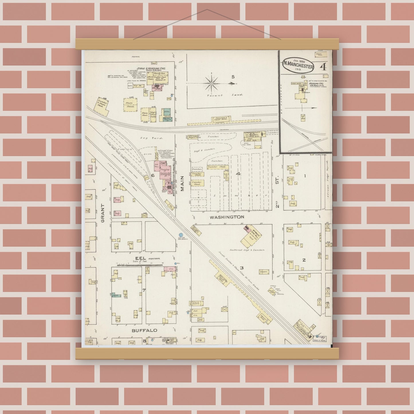 Old map wall art mockup — magnetic wood frame on brick wall — Sanborn Fire Insurance Map from North Manchester, Wabash County, Indiana (1886), Sheet #0004