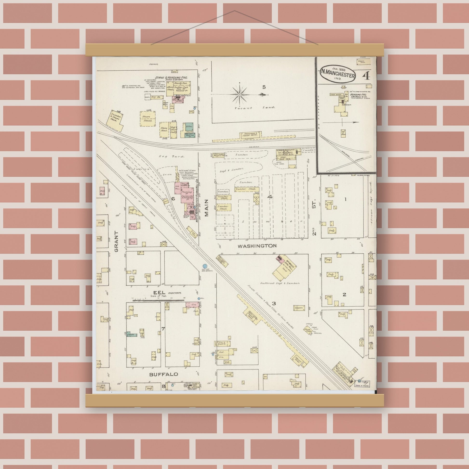 Old map wall art mockup — magnetic wood frame on brick wall — Sanborn Fire Insurance Map from North Manchester, Wabash County, Indiana (1886), Sheet #0004