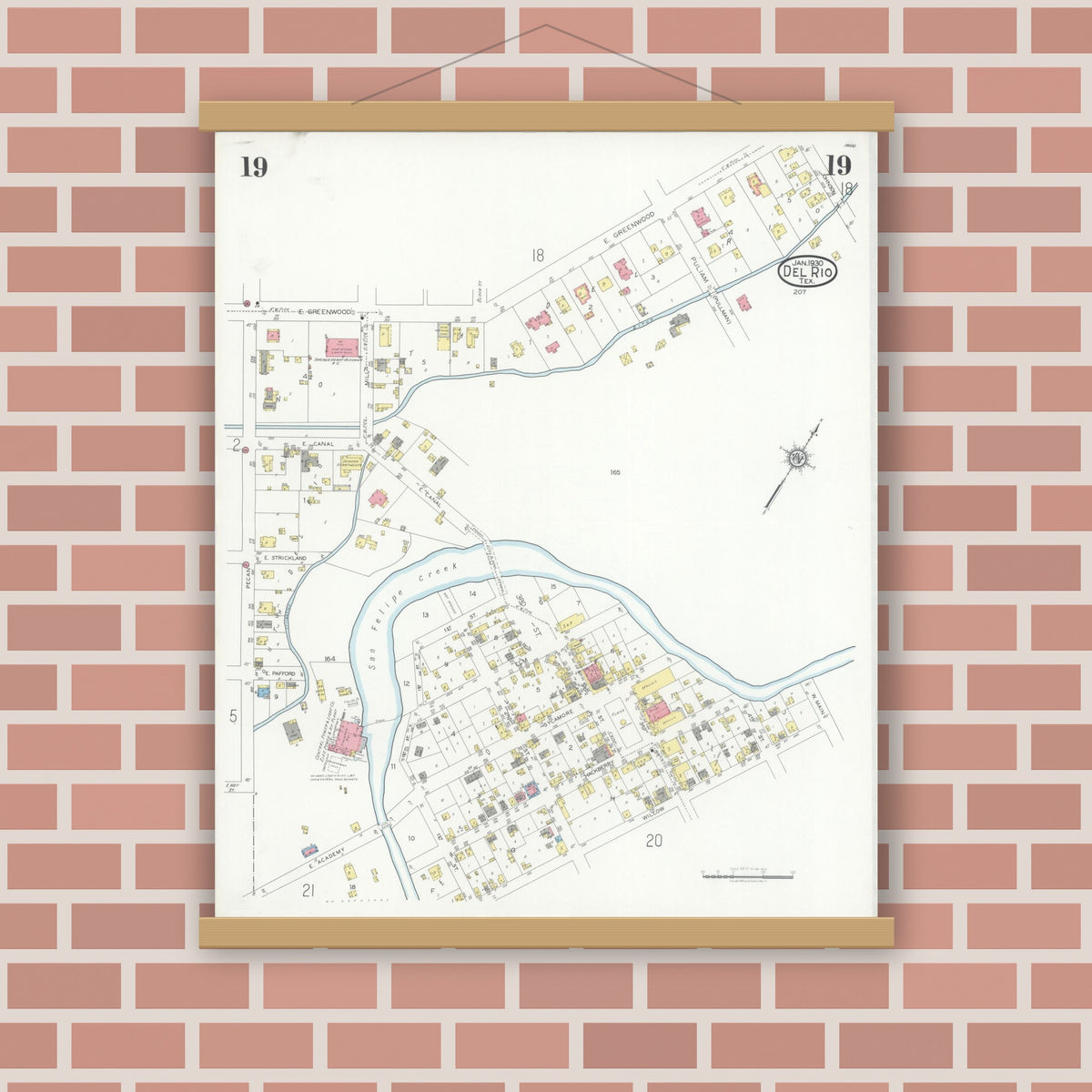 Old map wall art mockup — magnetic wood frame on brick wall — Sanborn Fire Insurance Map from Del Rio, Val Verde County, Texas (1930), Sheet #0019