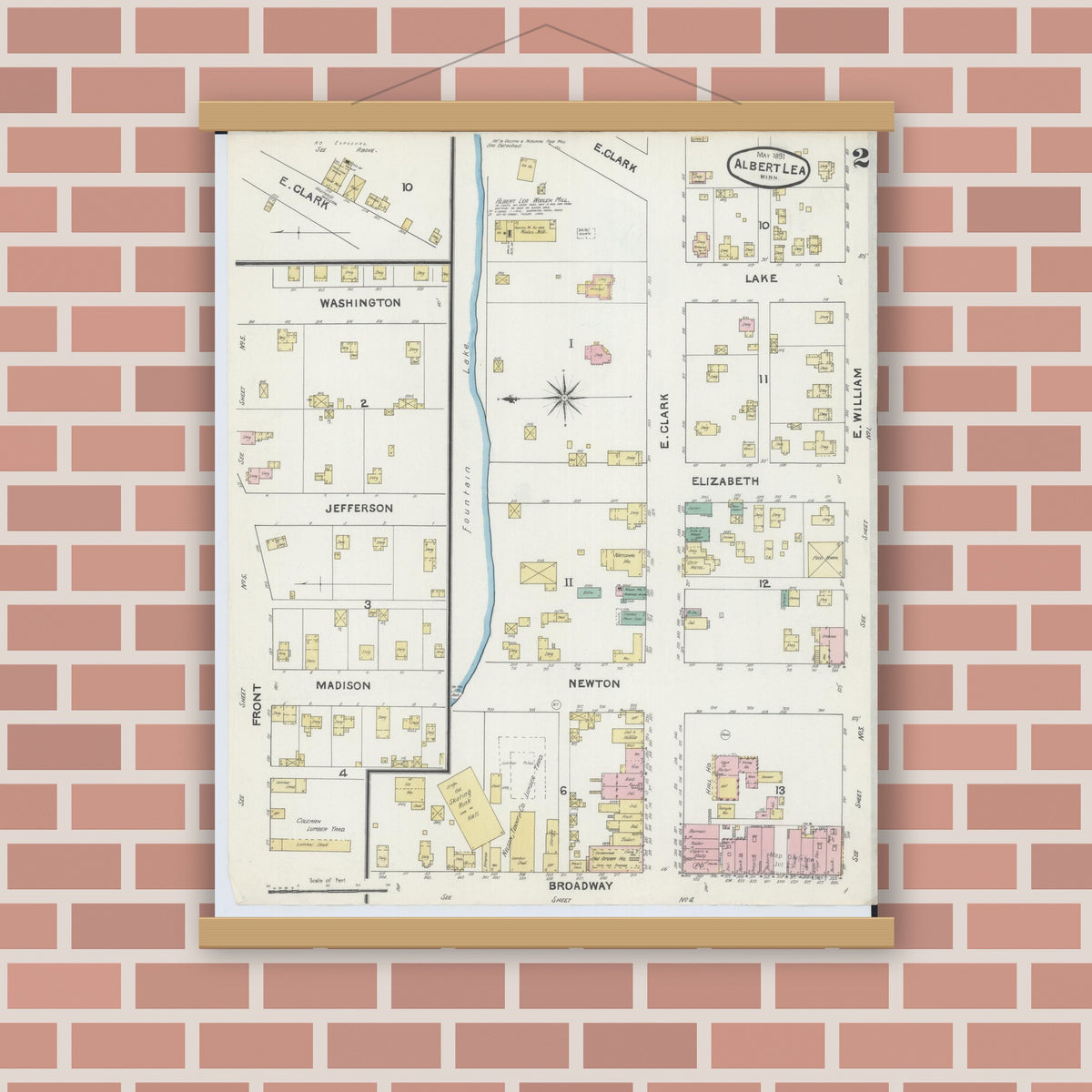 Old map wall art mockup — magnetic wood frame on brick wall — Sanborn Fire Insurance Map from Albert Lea, Freeborn County, Minnesota (1891), Sheet #0002