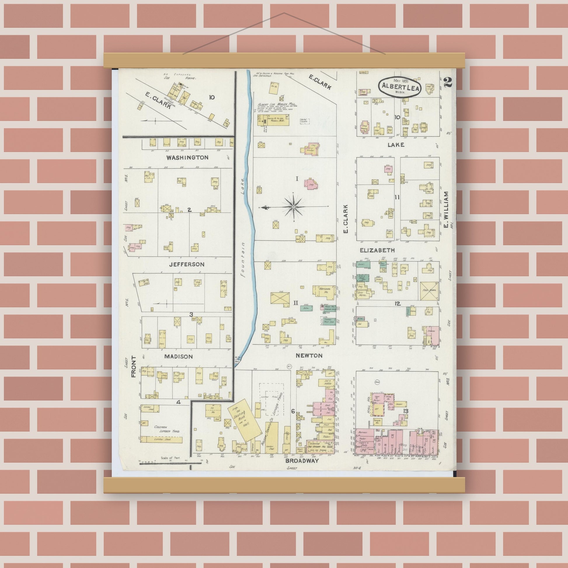 Old map wall art mockup — magnetic wood frame on brick wall — Sanborn Fire Insurance Map from Albert Lea, Freeborn County, Minnesota (1891), Sheet #0002