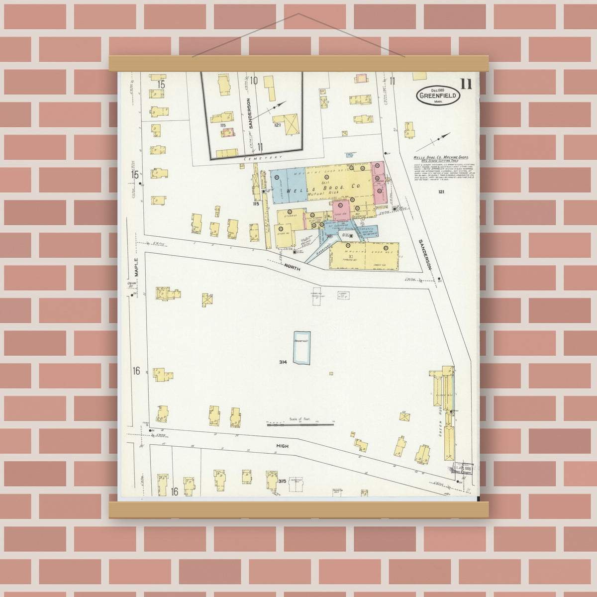 Old map wall art mockup — magnetic wood frame on brick wall — Sanborn Fire Insurance Map from Greenfield, Franklin County, Massachusetts (1909), Sheet #0011
