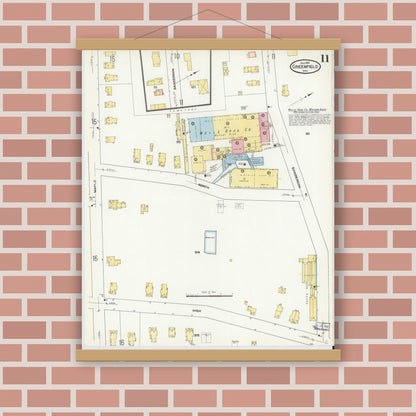 Old map wall art mockup — magnetic wood frame on brick wall — Sanborn Fire Insurance Map from Greenfield, Franklin County, Massachusetts (1909), Sheet #0011