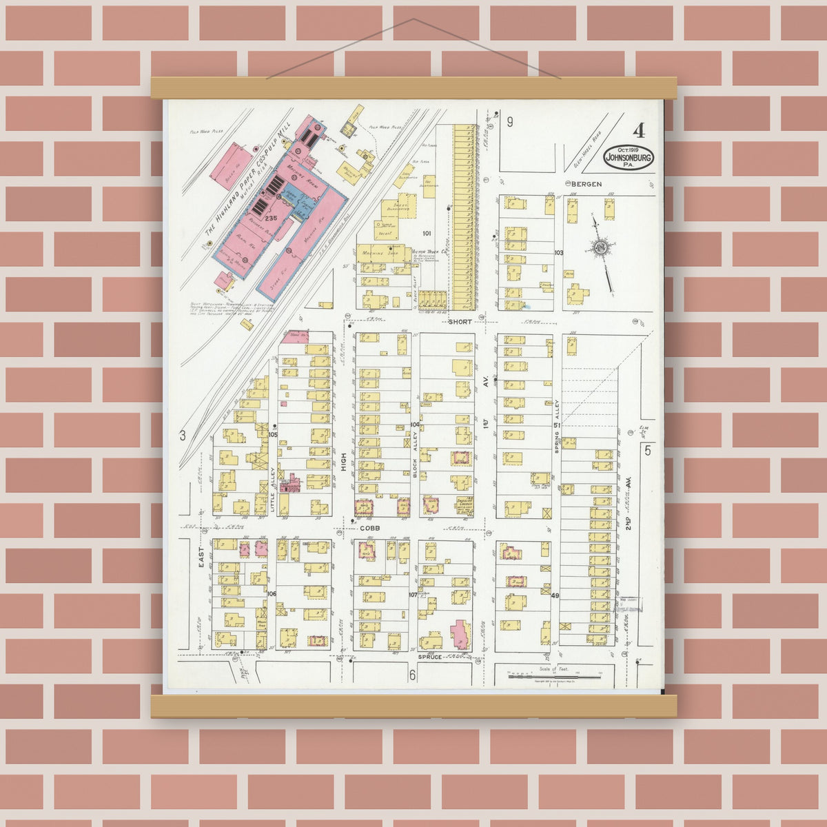 Old map wall art mockup — magnetic wood frame on brick wall — Sanborn Fire Insurance Map from Johnsonburg, Elk County, Pennsylvania (1919), Sheet #0004