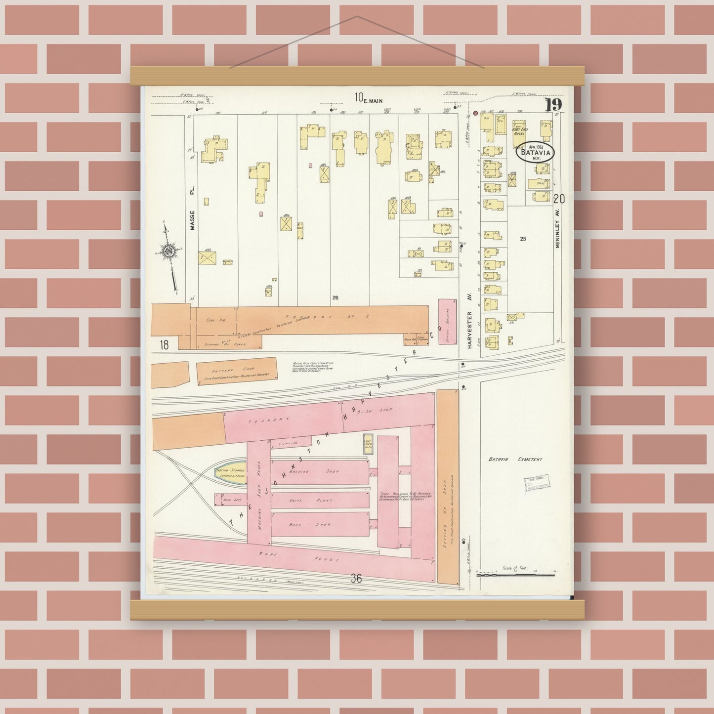 Old map wall art mockup — magnetic wood frame on brick wall — Sanborn Fire Insurance Map from Batavia, Genesee County, New York (1912), Sheet #0019