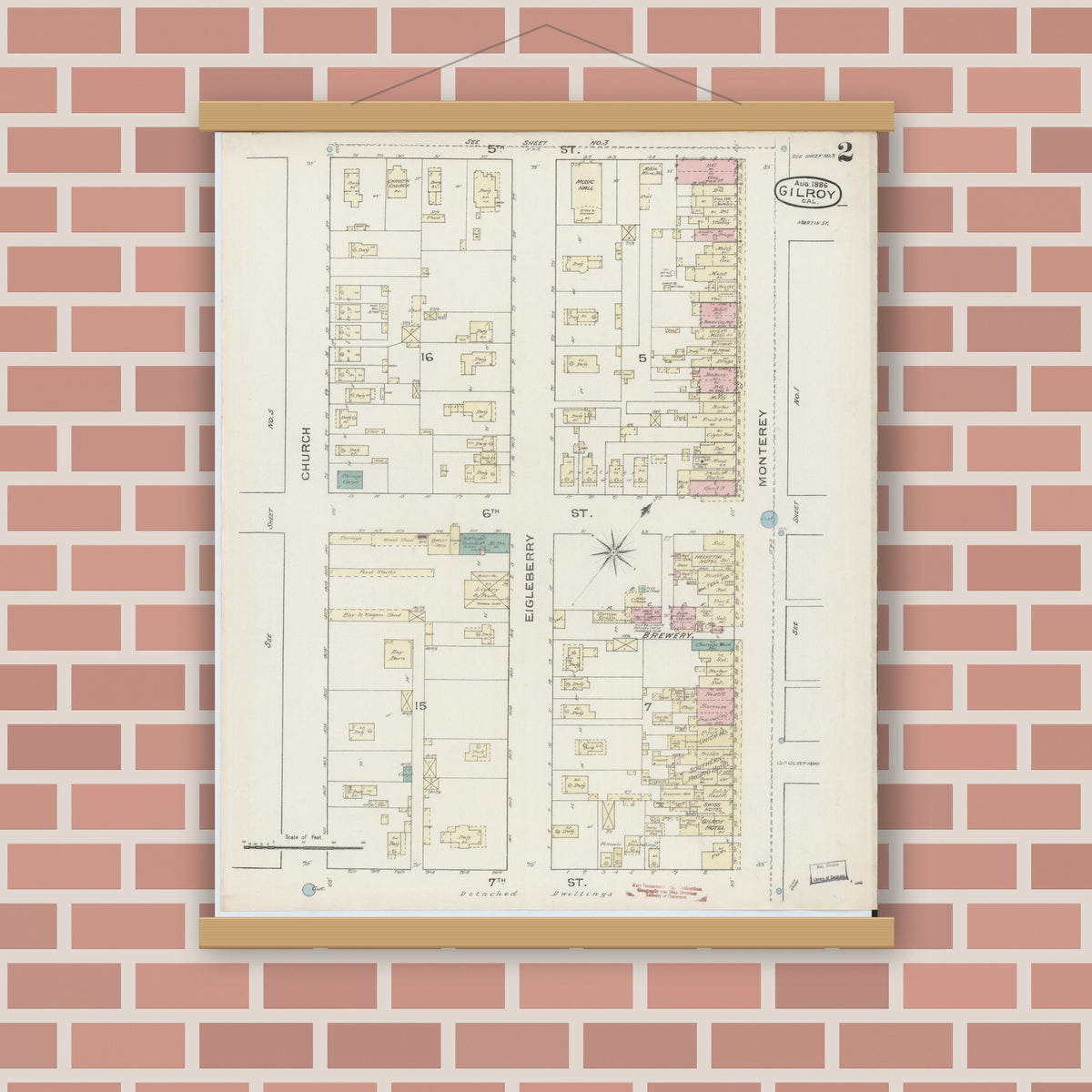 Old map wall art mockup — magnetic wood frame on brick wall — Sanborn Fire Insurance Map from Gilroy, Santa Clara County, California (1886), Sheet #0002