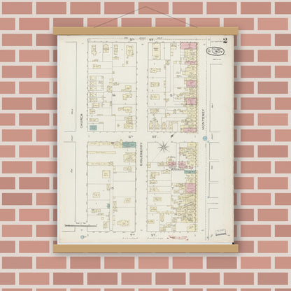 Old map wall art mockup — magnetic wood frame on brick wall — Sanborn Fire Insurance Map from Gilroy, Santa Clara County, California (1886), Sheet #0002
