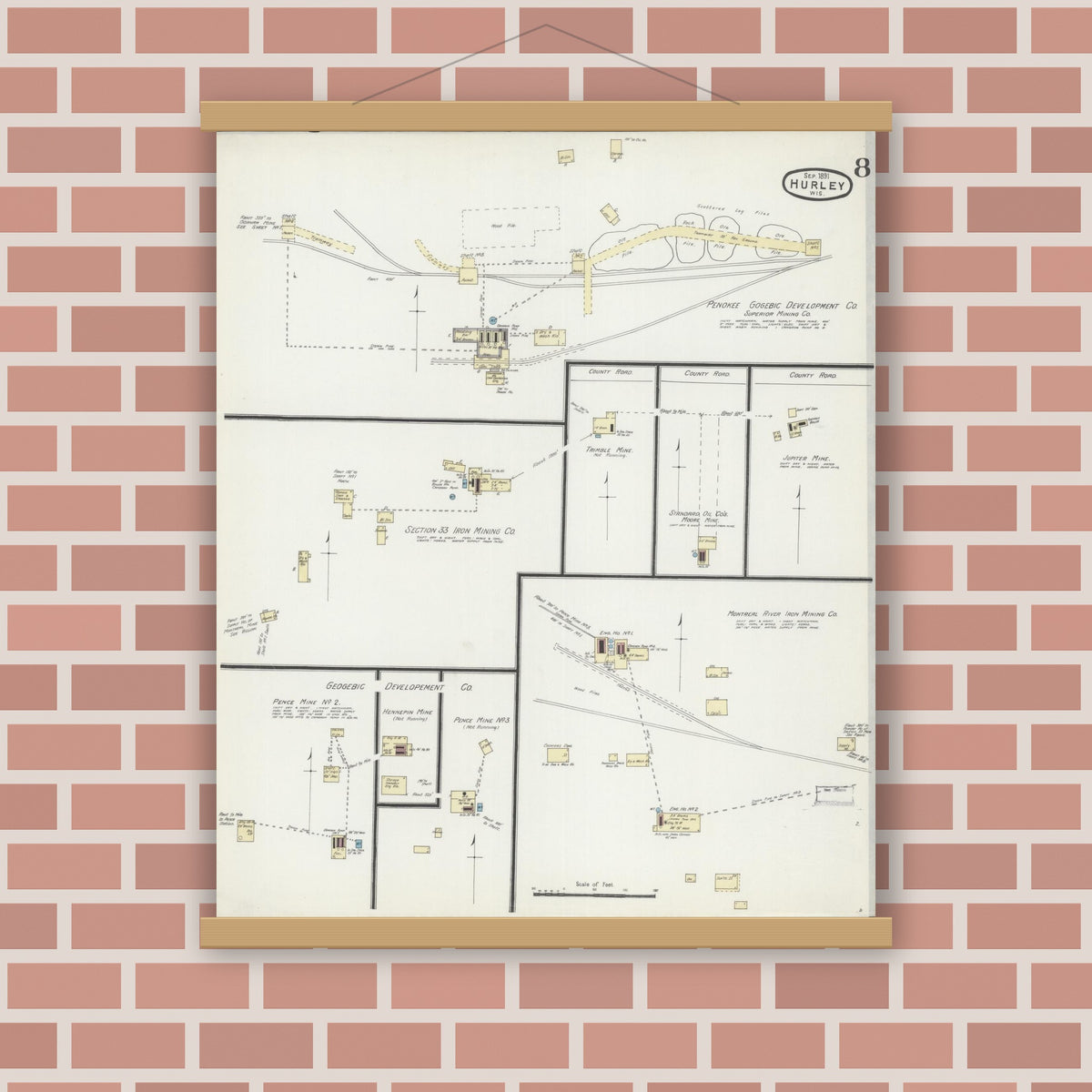 Old map wall art mockup — magnetic wood frame on brick wall — Sanborn Fire Insurance Map from Hurley, Iron County, Wisconsin (1891), Sheet #0008