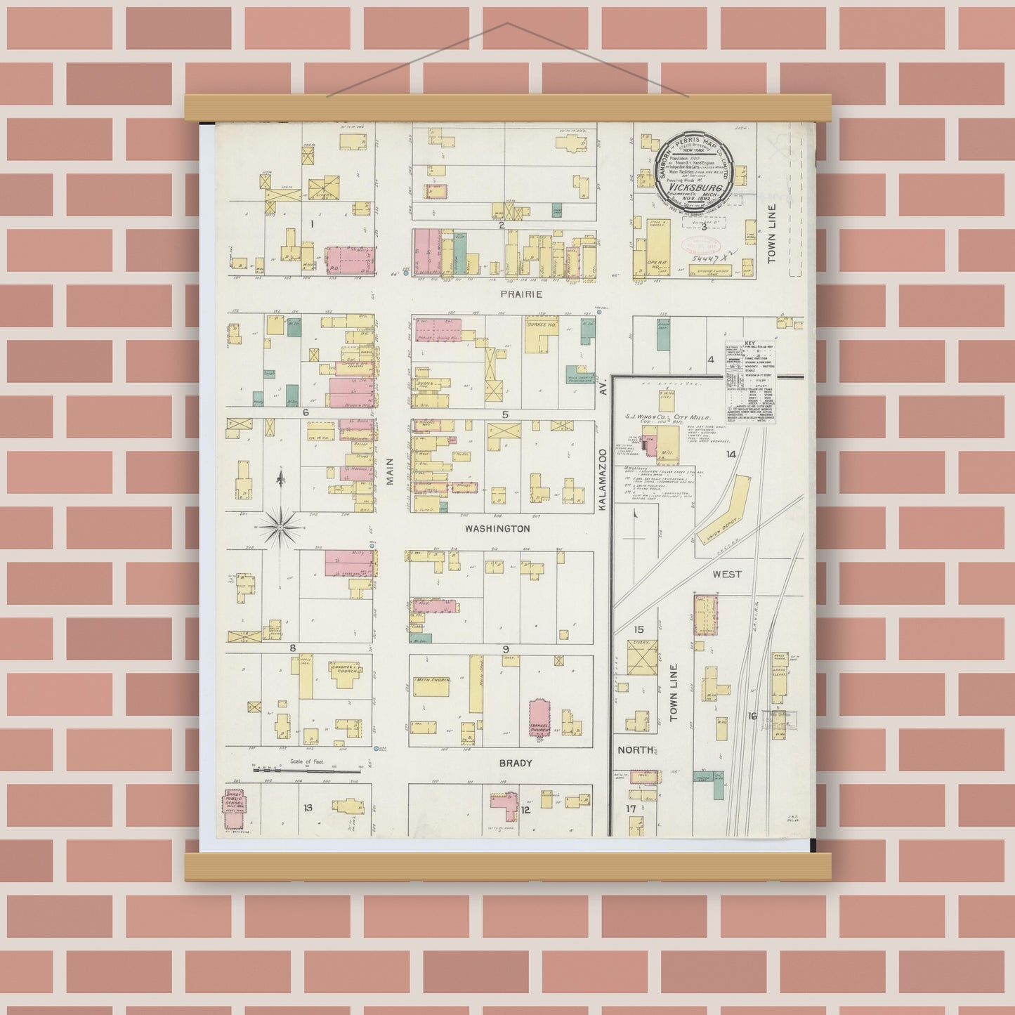 Old map wall art mockup — magnetic wood frame on brick wall — Sanborn Fire Insurance Map from Vicksburg, Kalamazoo County, Michigan (1892), Sheet #0001