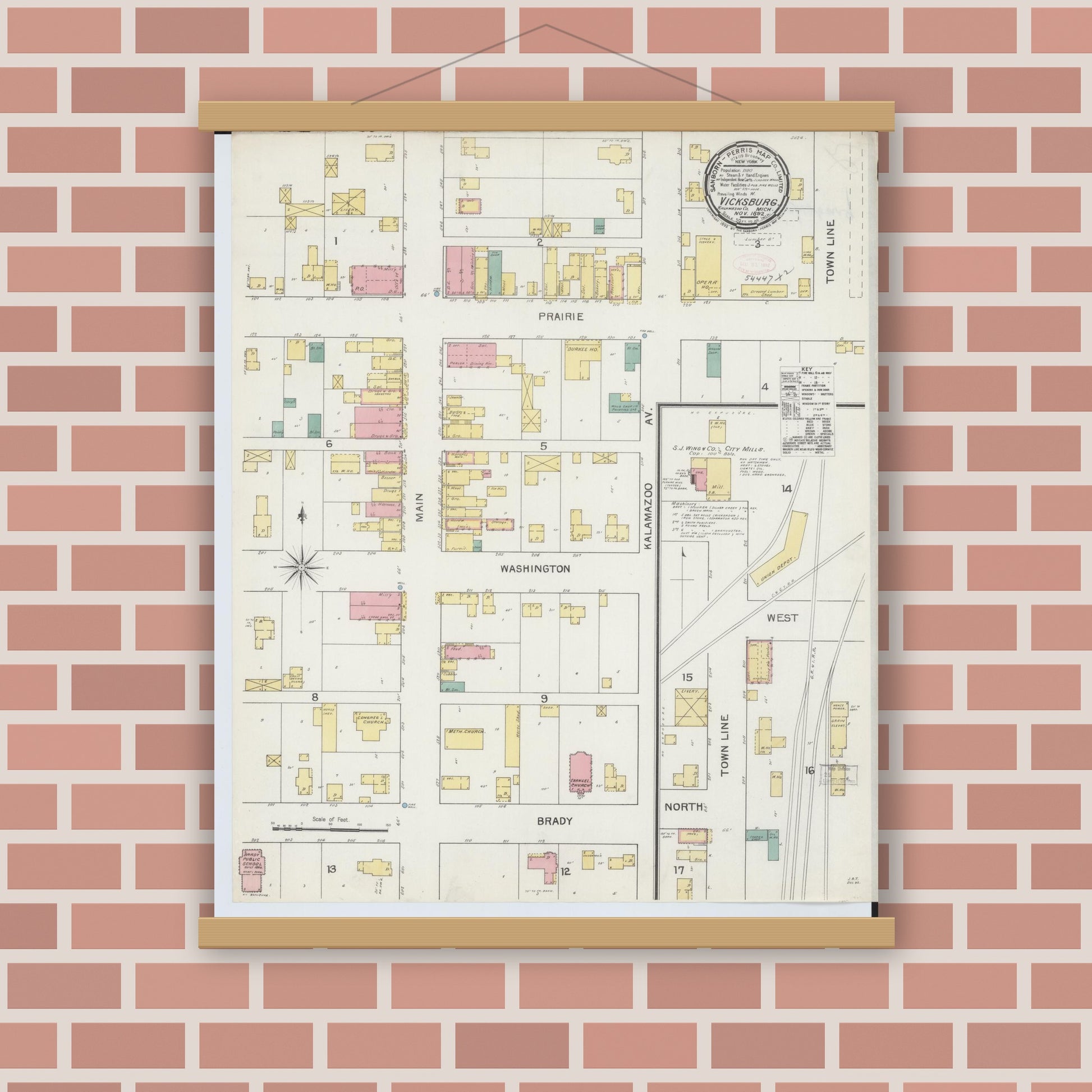 Old map wall art mockup — magnetic wood frame on brick wall — Sanborn Fire Insurance Map from Vicksburg, Kalamazoo County, Michigan (1892), Sheet #0001