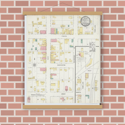 Old map wall art mockup — magnetic wood frame on brick wall — Sanborn Fire Insurance Map from Vicksburg, Kalamazoo County, Michigan (1892), Sheet #0001
