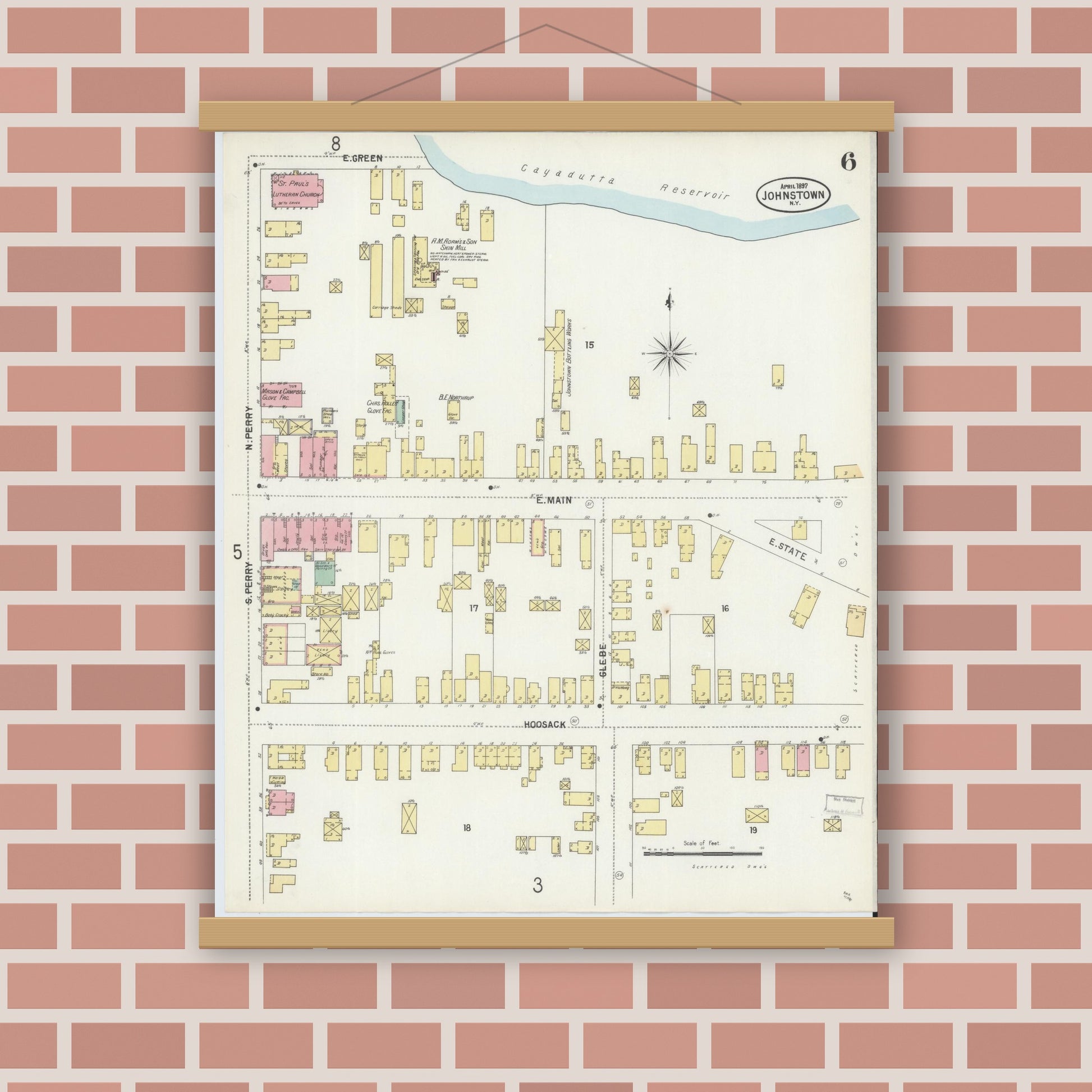 Old map wall art mockup — magnetic wood frame on brick wall — Sanborn Fire Insurance Map from Johnstown, Fulton County, New York (1897), Sheet #0006