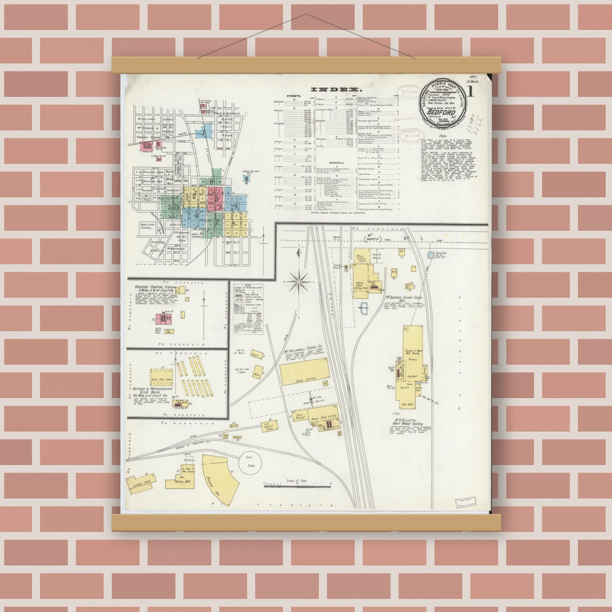 Old map wall art mockup — magnetic wood frame on brick wall — Sanborn Fire Insurance Map from Bedford, Lawrence County, Indiana (1898) - Complete Map Set