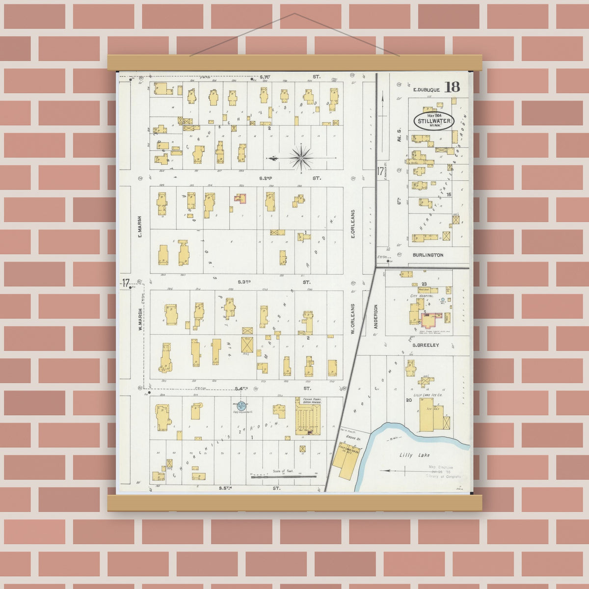 Old map wall art mockup — magnetic wood frame on brick wall — Sanborn Fire Insurance Map from Stillwater, Washington County, Minnesota (1904), Sheet #0018
