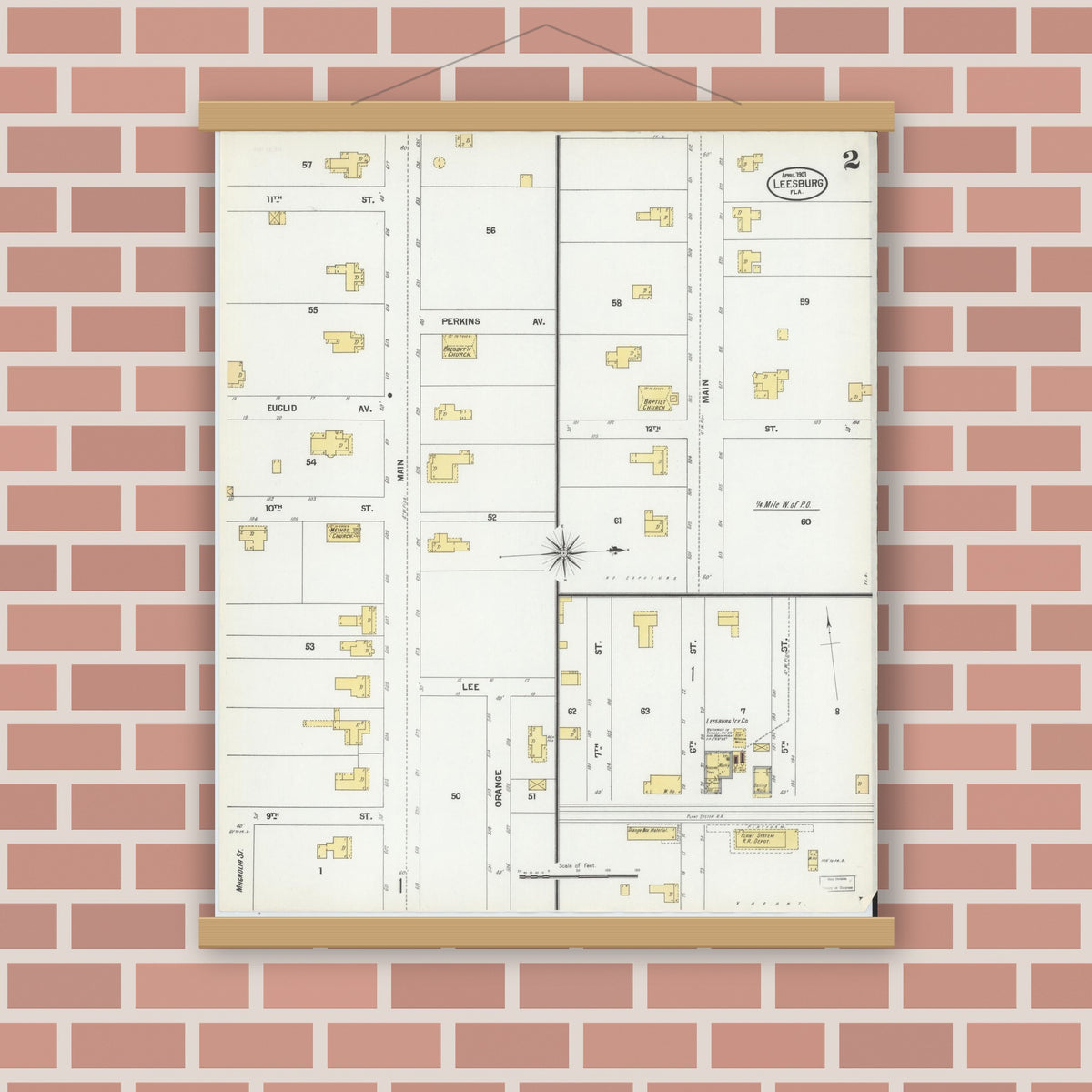 Old map wall art mockup — magnetic wood frame on brick wall — Sanborn Fire Insurance Map from Leesburg, Lake County, Florida (1901), Sheet #0002