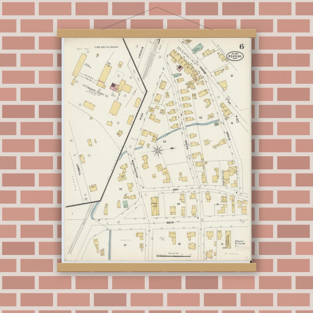 Old map wall art mockup — magnetic wood frame on brick wall — Sanborn Fire Insurance Map from Reading, Middlesex County, Massachusetts (1897), Sheet #0006