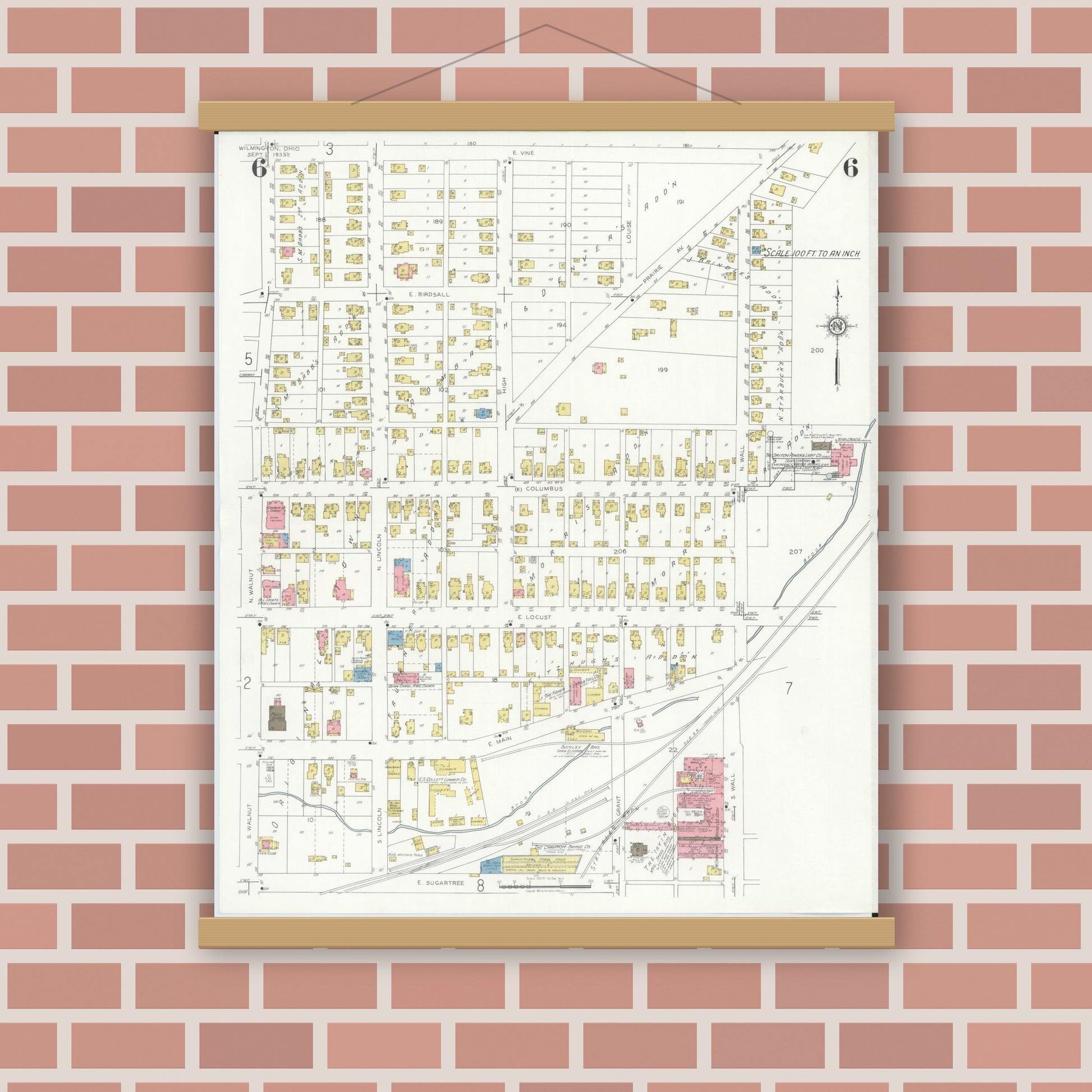 Old map wall art mockup — magnetic wood frame on brick wall — Sanborn Fire Insurance Map from Wilmington, Clinton County, Ohio (1933), Sheet #0006