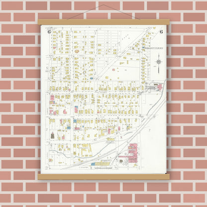 Old map wall art mockup — magnetic wood frame on brick wall — Sanborn Fire Insurance Map from Wilmington, Clinton County, Ohio (1933), Sheet #0006