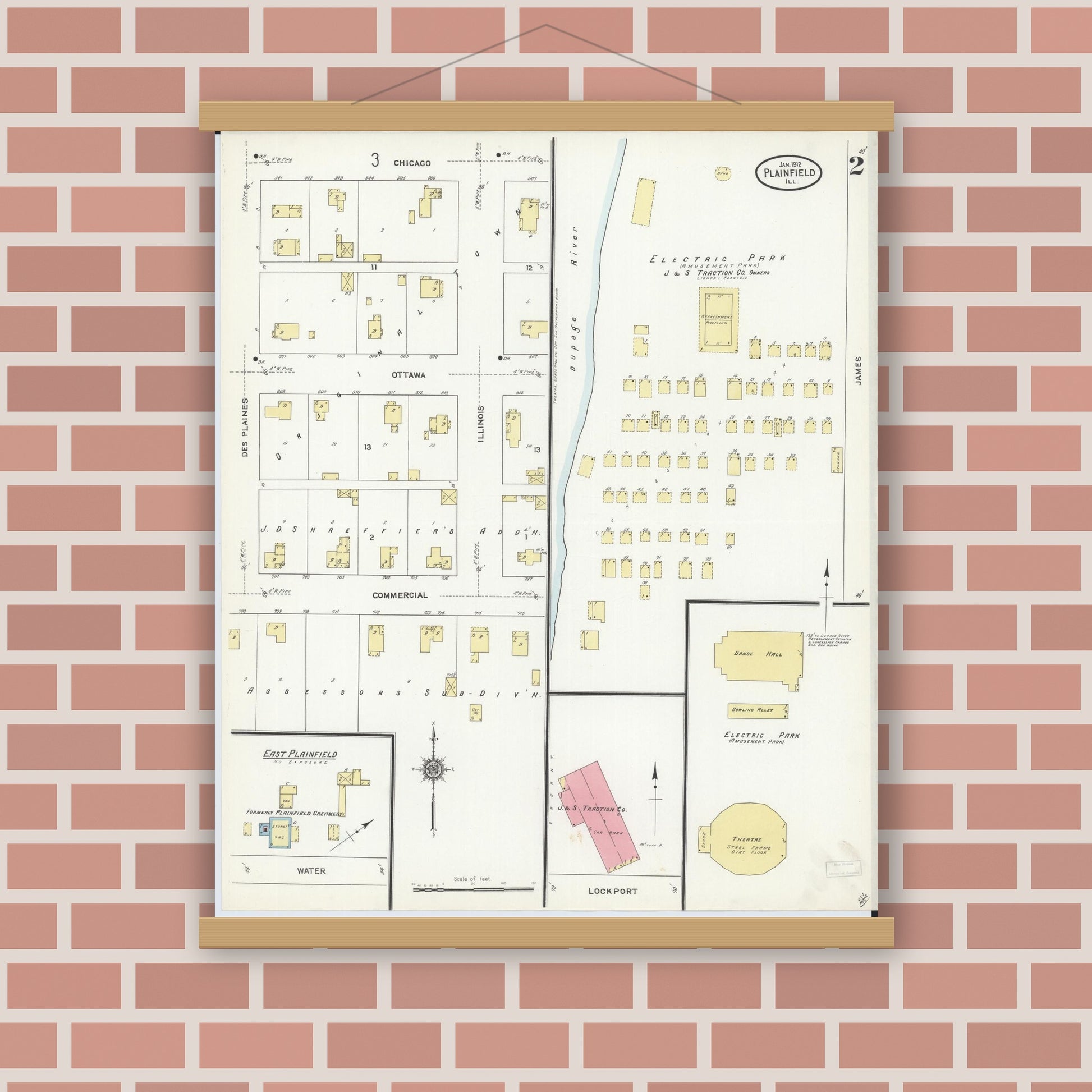 Old map wall art mockup — magnetic wood frame on brick wall — Sanborn Fire Insurance Map from Plainfield, Will County, Illinois (1912), Sheet #0002