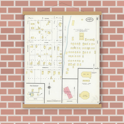 Old map wall art mockup — magnetic wood frame on brick wall — Sanborn Fire Insurance Map from Plainfield, Will County, Illinois (1912), Sheet #0002