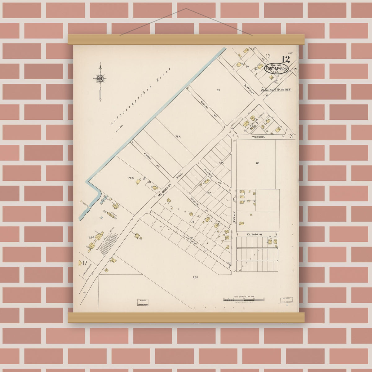 Old map wall art mockup — magnetic wood frame on brick wall — Sanborn Fire Insurance Map from Fort Myers, Lee County, Florida (1922), Sheet #0012
